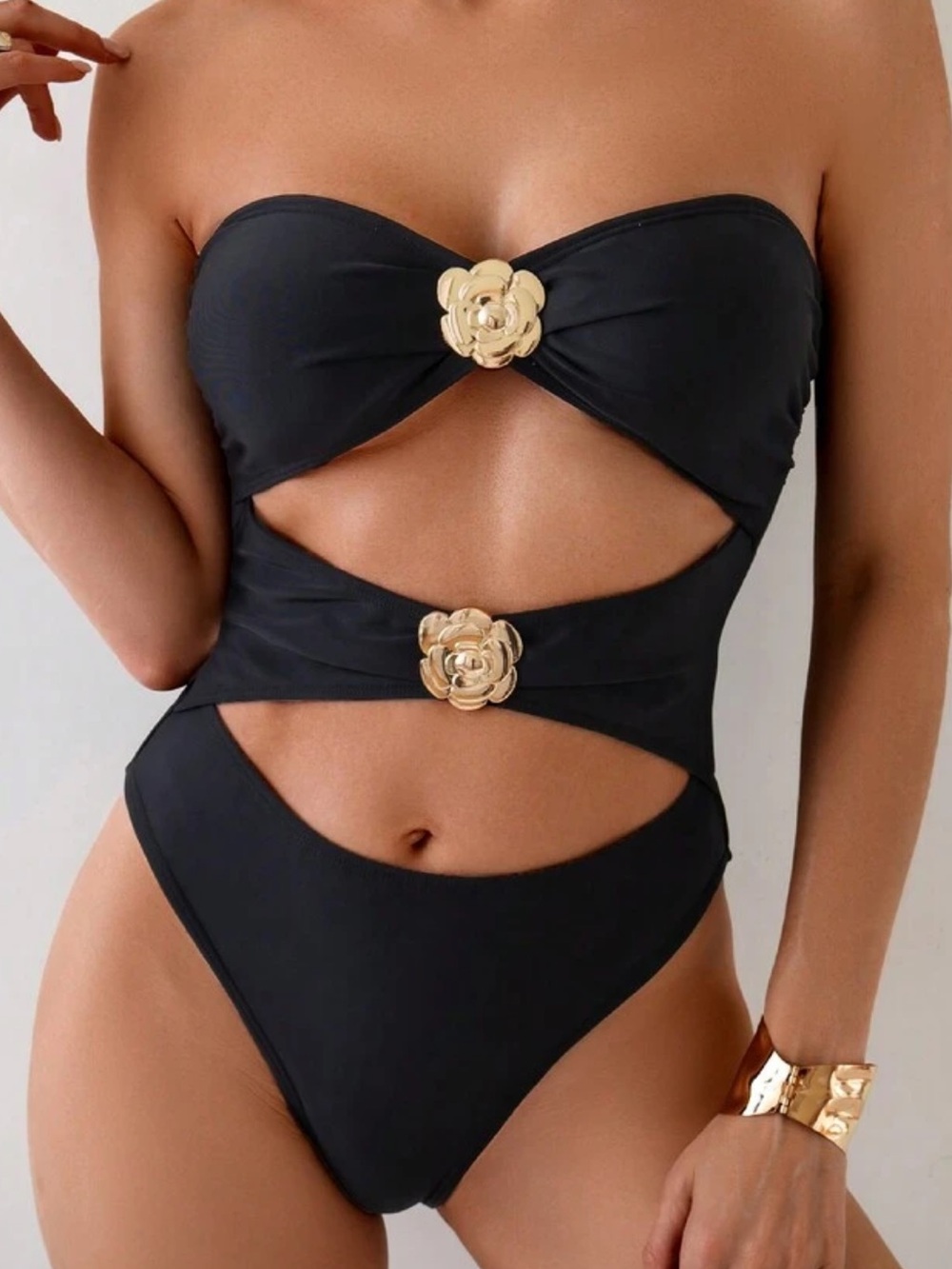 Black Strapless Cutout One-Piece Swimsuit with Gold Flower Accents
